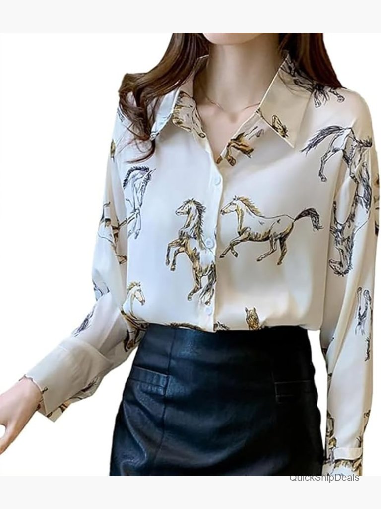 Vintage Horse Print Long Sleeve Button Down Western Blouse